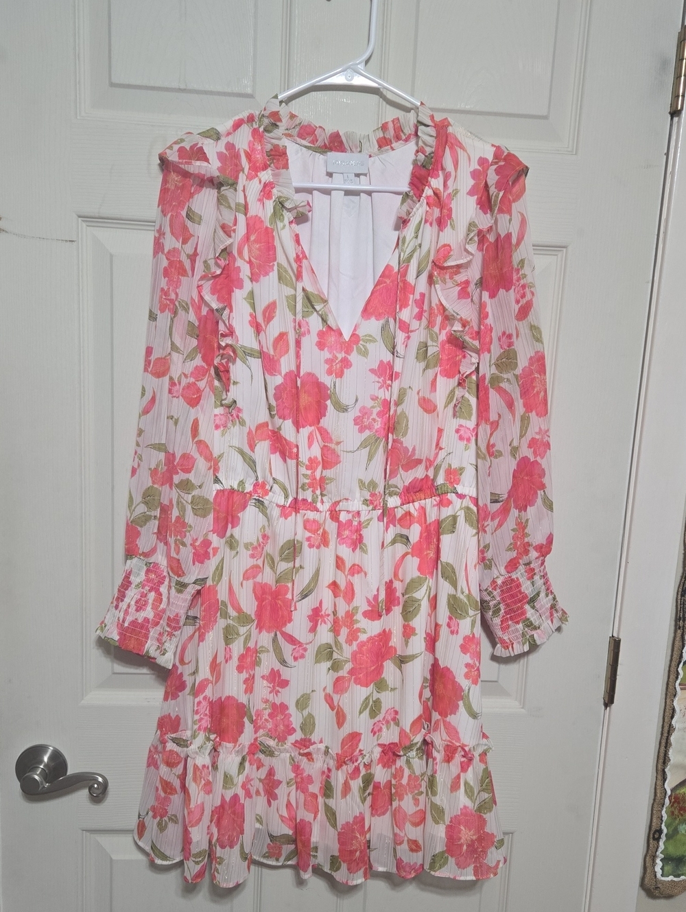 Sugarlips Coral Pink Floral Ruffle V-Neck Tiered Long Sleeve Dress